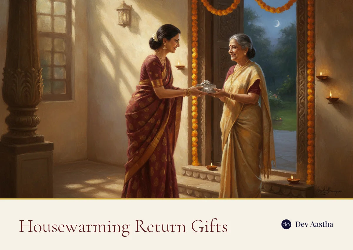 Housewarming return gifts handed to an elder guest at a griha pravesh doorway