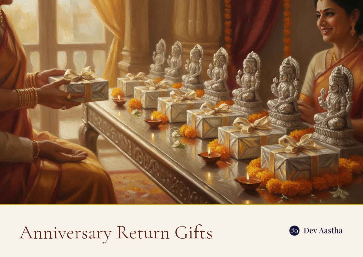 Marriage anniversary return gifts: silver-plated keepsakes arranged by guest tier