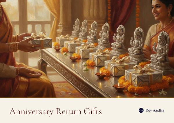 Marriage anniversary return gifts: silver-plated keepsakes arranged by guest tier