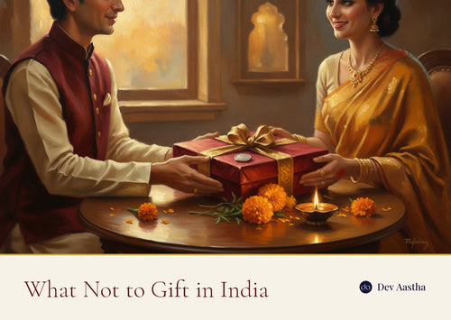 A beautifully wrapped Indian gift box in red and gold with a small silver coin on top, marigold flowers and a lit diya, a thoughtful auspicious gifting moment