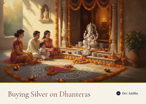 Buying silver on Dhanteras: a silver-plated Lakshmi-Ganesh idol and coins on a festive altar