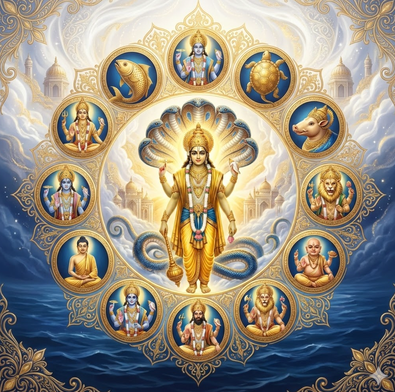 Hindu deity surrounded by twelve zodiac symbols and divine figures on a celestial background with ocean waves