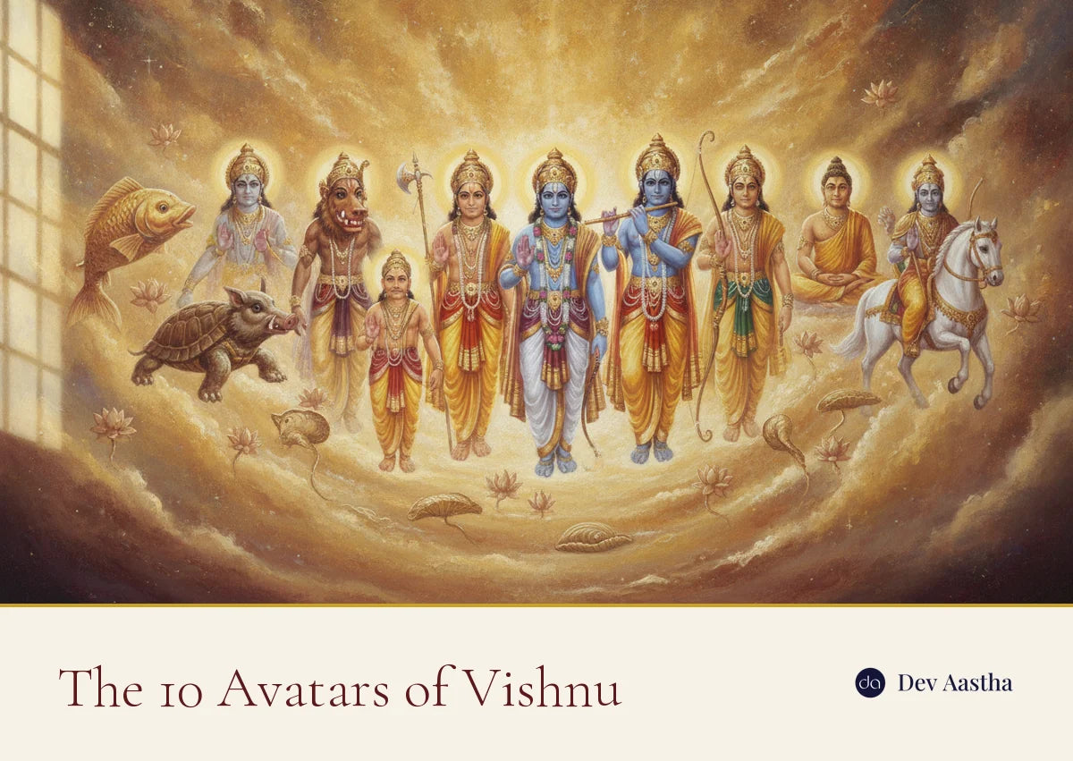 The ten avatars of Vishnu (Dashavatar) from Matsya to Kalki in a celestial arc