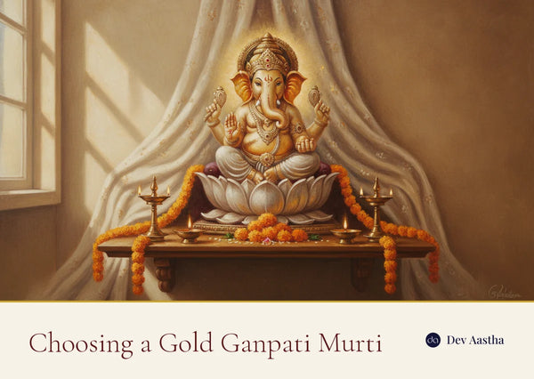 Gold and silver plated Lord Ganesha idol on a lotus throne with diyas and marigolds, a gold Ganpati murti for the home