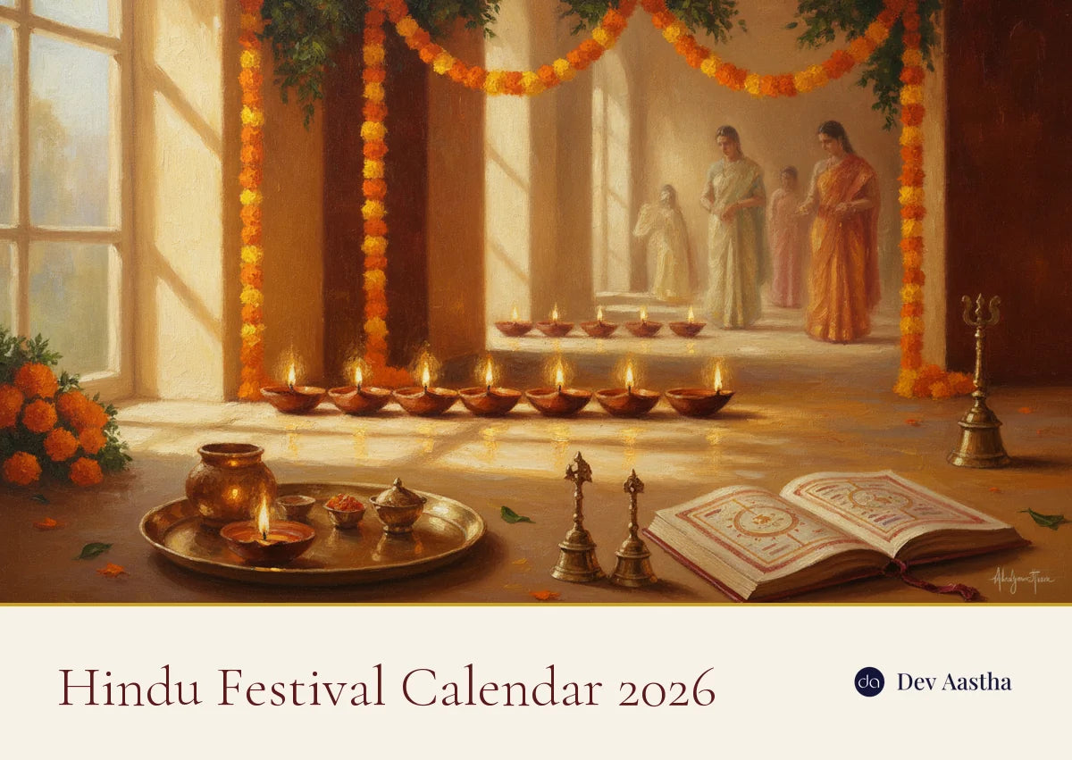 Hindu festival and vrat calendar 2026 with a silver-plated Lakshmi Ganesh idol set for Diwali