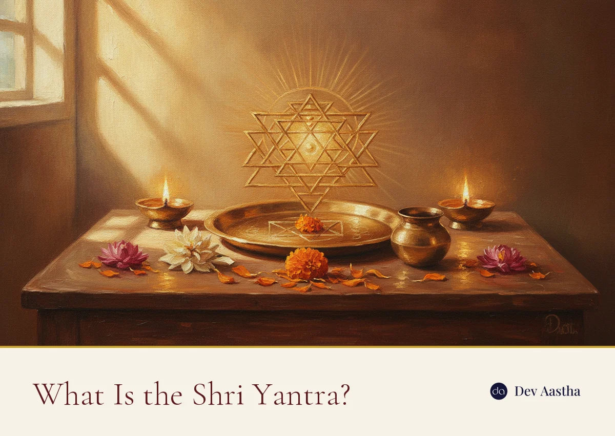 Golden Shri Yantra sacred geometry on an altar with diyas and lotus flowers