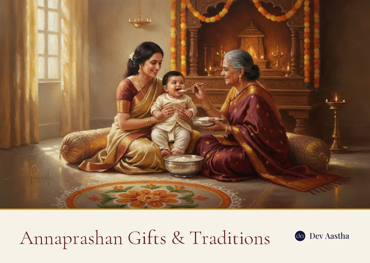 Annaprashan first-rice ceremony: a mother and grandmother feed a baby their first spoonful of sweet rice from a silver bowl before the family mandir