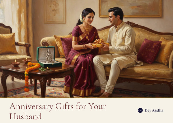An Indian wife presenting a wrapped anniversary gift to her husband at home, with a silver-plated Radha Krishna idol in an open velvet gift box, marigolds and lit diyas beside them