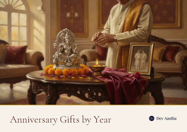 Anniversary Gifts by Year: a silver wedding anniversary celebration with a silver-plated Ganesha idol, diya and marigolds