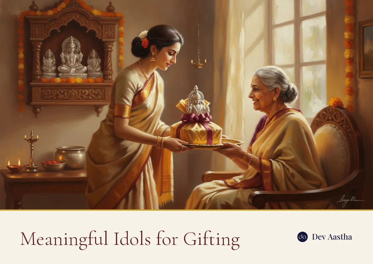 Presenting a gift-wrapped silver-plated deity idol to an elder, meaningful idols for gifting