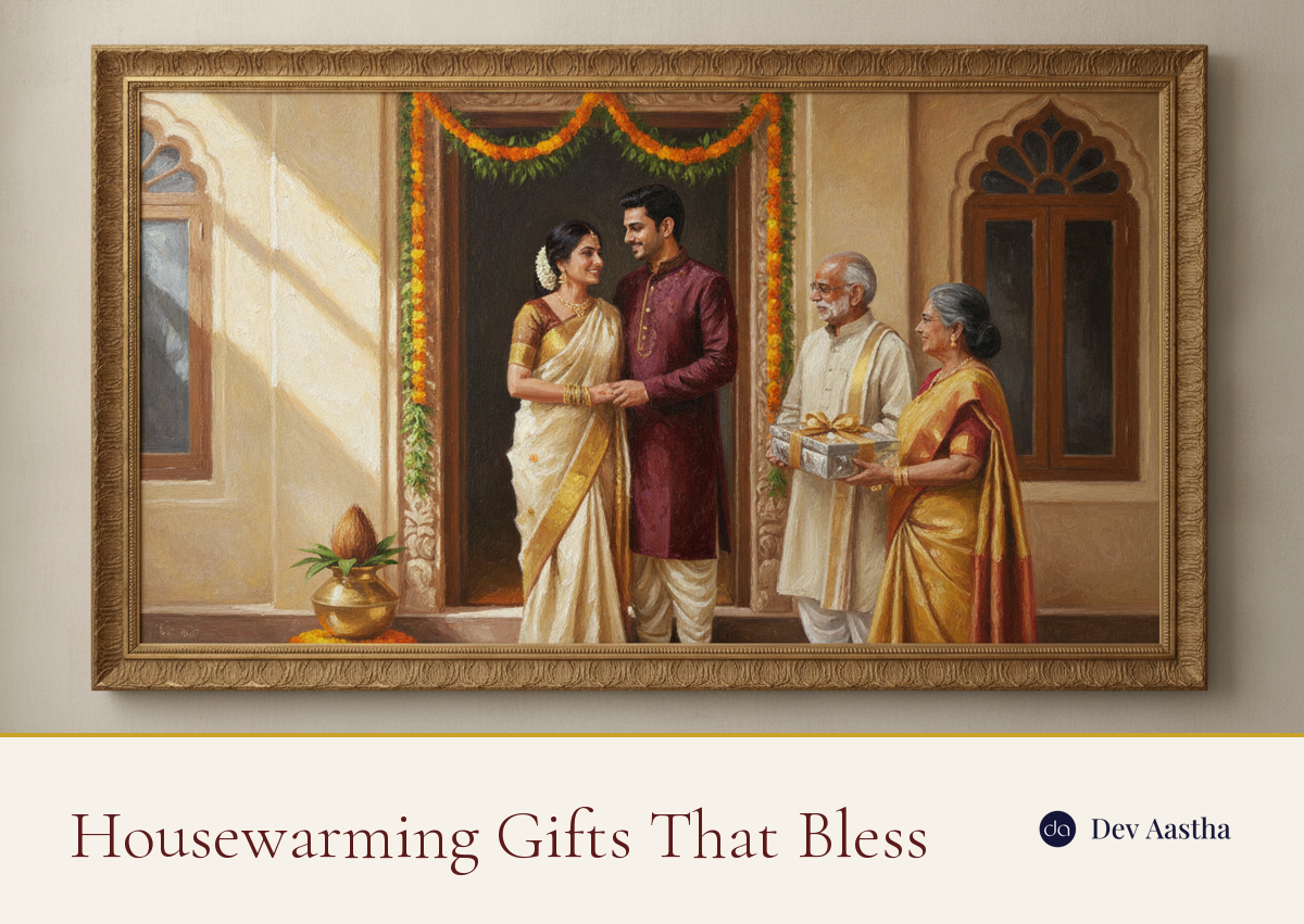 Indian couple receiving a silver housewarming gift at their decorated griha pravesh doorway, oil painting