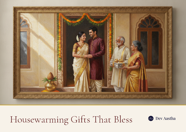 Indian couple receiving a silver housewarming gift at their decorated griha pravesh doorway, oil painting