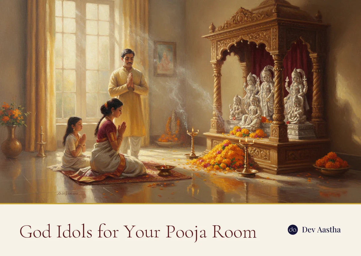 A traditional Indian pooja room with silver-plated god idols on a wooden mandir, diyas and marigolds, god idols for the pooja room