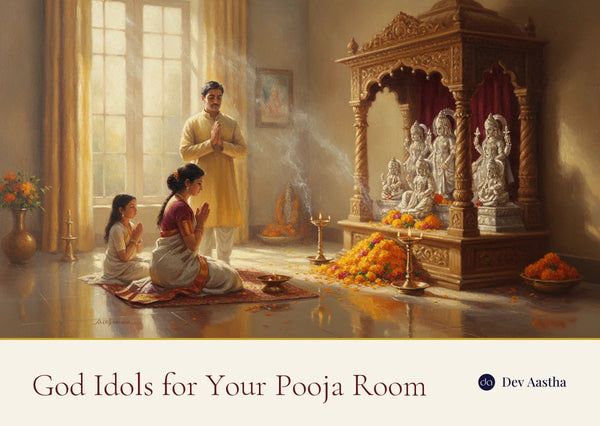 A traditional Indian pooja room with silver-plated god idols on a wooden mandir, diyas and marigolds, god idols for the pooja room