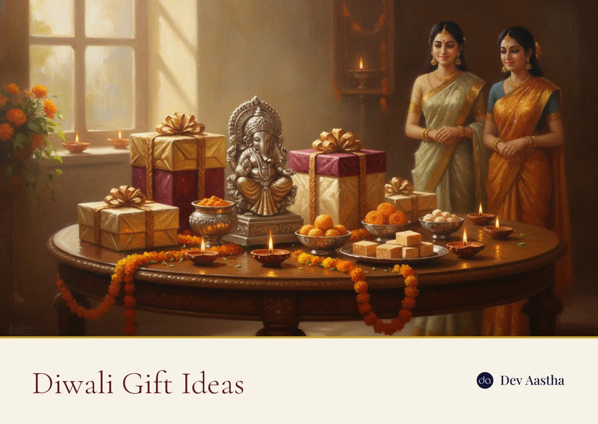 Diwali gift ideas India: silver-plated Lakshmi Ganesh idol set with lit diyas in a gift box
