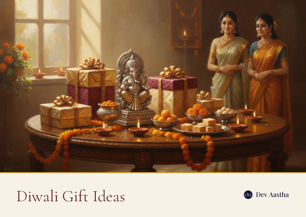 Diwali gift ideas India: silver-plated Lakshmi Ganesh idol set with lit diyas in a gift box