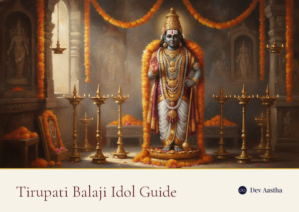 Tirupati Balaji (Lord Venkateswara) idol in a softly lit temple shrine