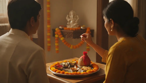 A sister applies the Bhai Dooj tilak to her brother in an Indian living room, with a marigold-ringed thali of roli, rice, a diya, a coconut and sweets in front of them