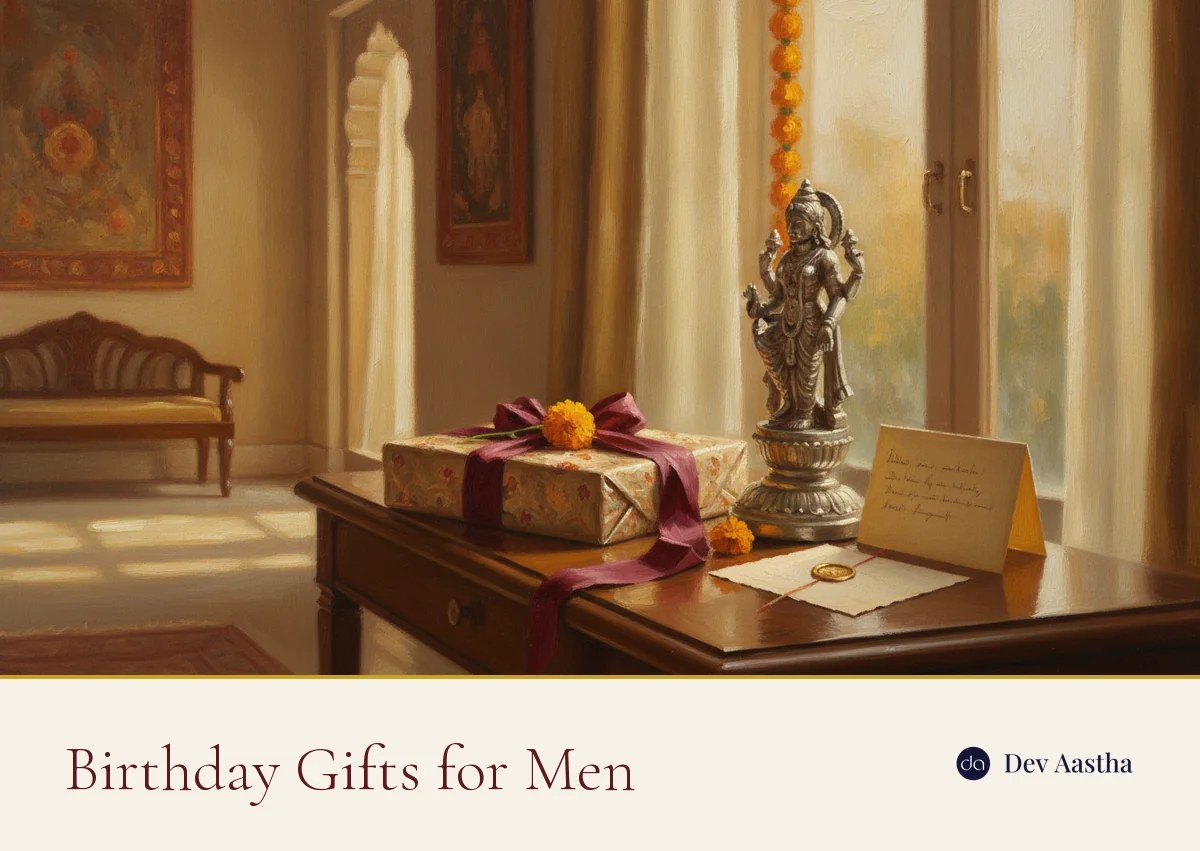 Birthday gifts for men - a silver idol, wrapped gift and card in a warm Indian home