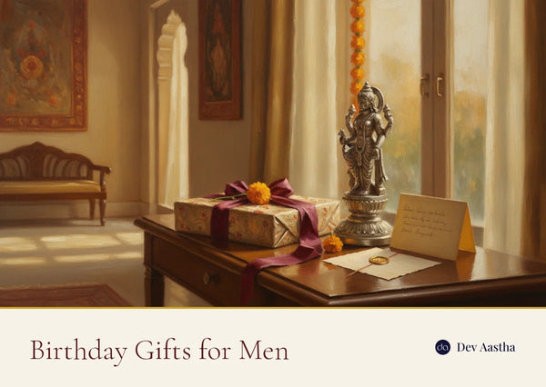 Birthday gifts for men - a silver idol, wrapped gift and card in a warm Indian home