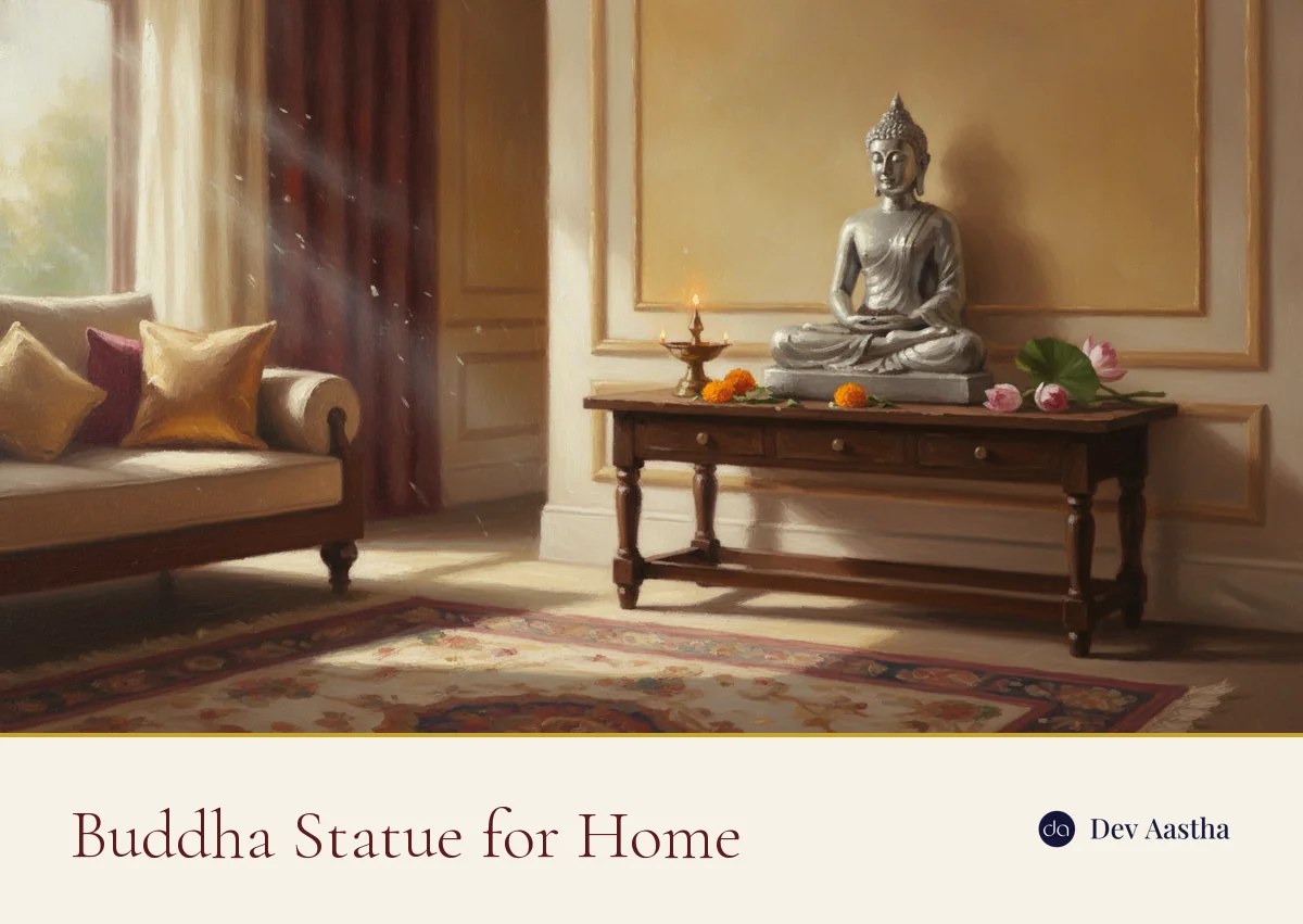 A serene silver-plated Buddha statue for home on a console in a warmly lit modern Indian living room