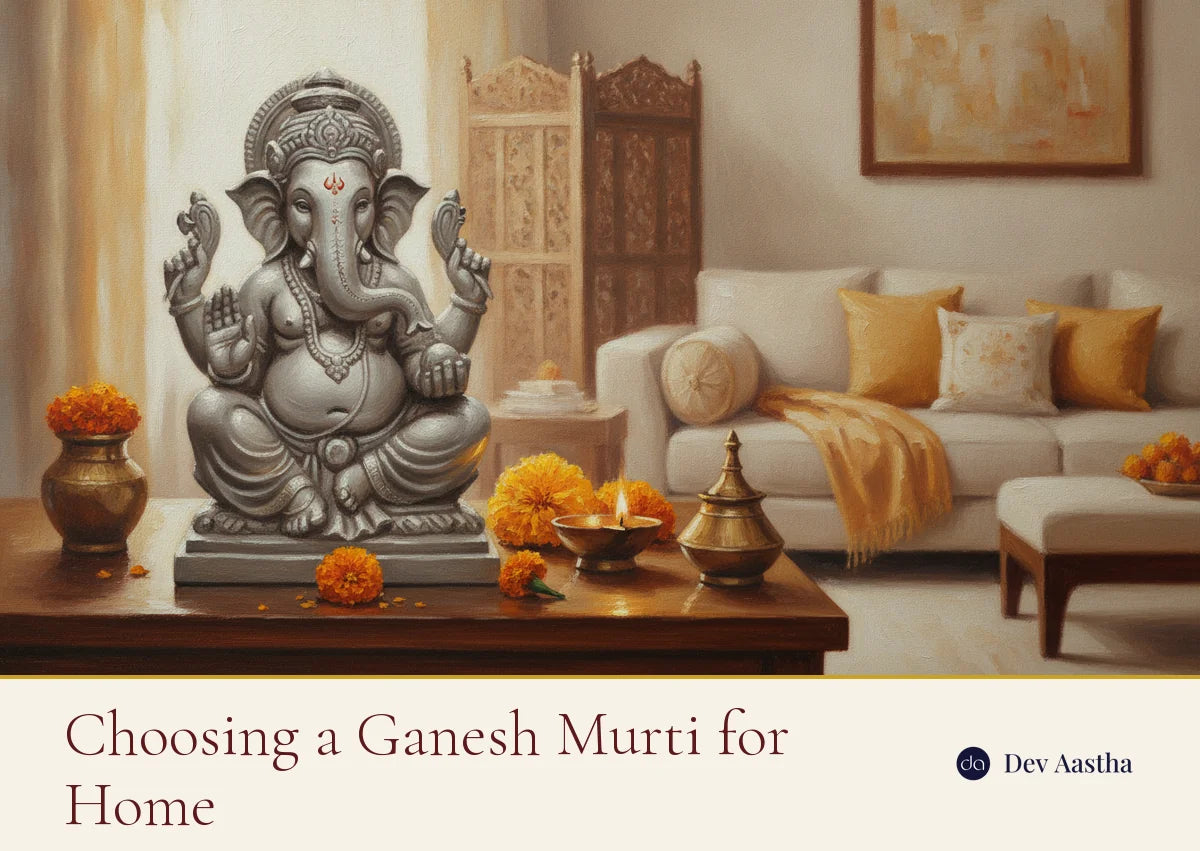 Silver Ganesh murti styled on a wooden mandir shelf in a modern Indian home