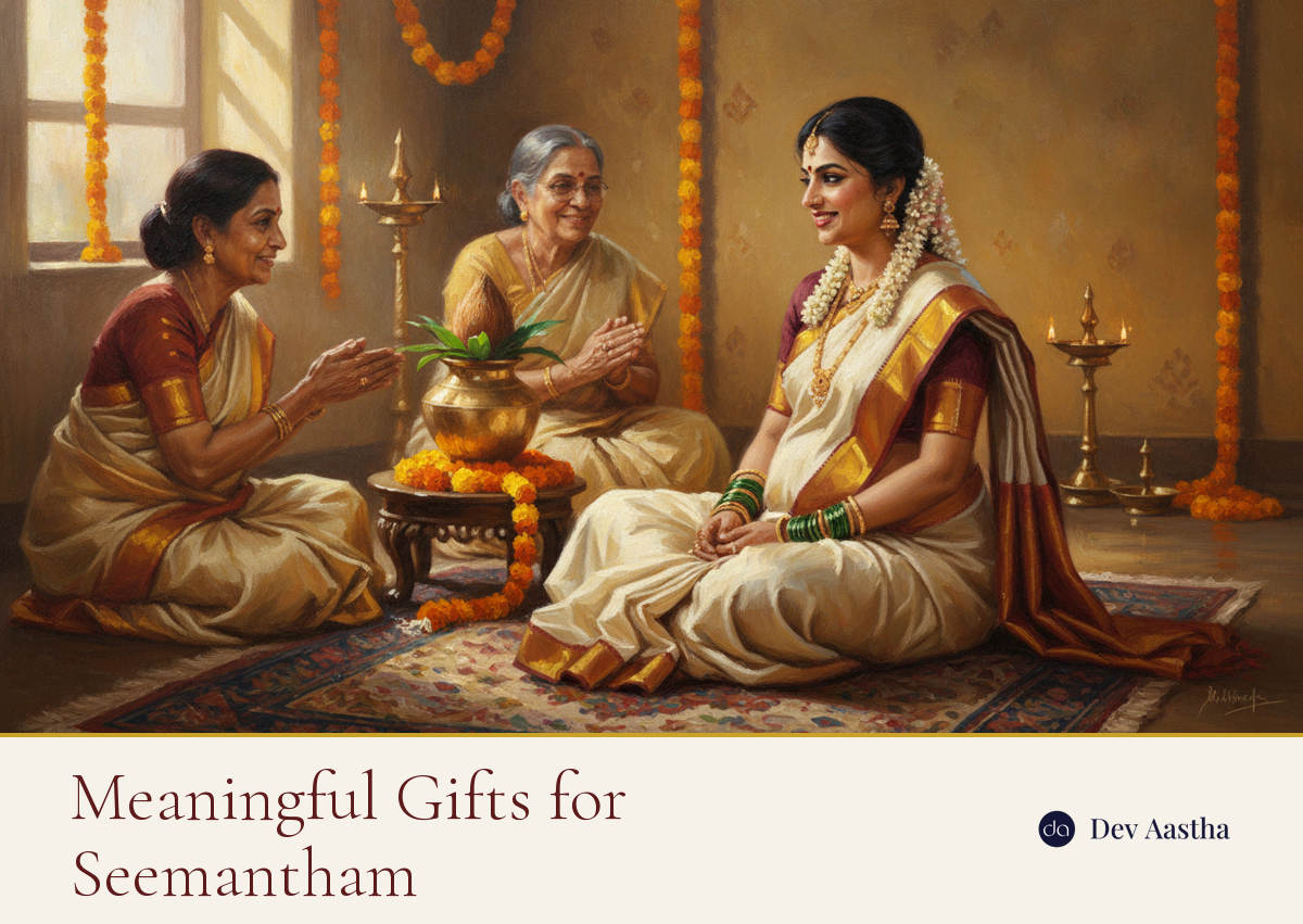 Meaningful gifts for Seemantham — an expectant mother blessed by elders at a South Indian baby-shower ceremony