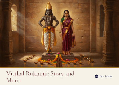 Oil painting of Lord Vitthal and Goddess Rukmini standing arms akimbo on a brick in a lamplit Pandharpur sanctum, with rows of lit diyas and marigold garlands at their feet