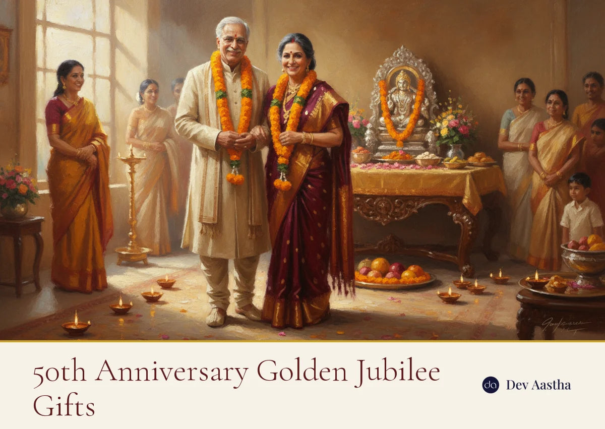 50th wedding anniversary golden jubilee gifts, an elderly Indian couple celebrating