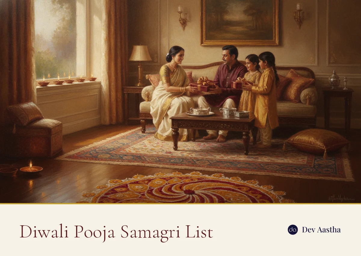 Diwali pooja samagri list cover, a warm Diwali scene of diyas, idols and offerings for Lakshmi Puja