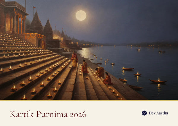 Dev Deepawali on Kartik Purnima at the Varanasi ghats: rows of lit earthen diyas down the stone steps beside the Ganga under a full moon