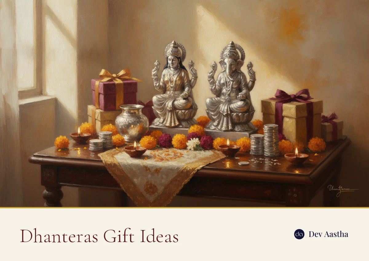 Silver-plated Lakshmi Ganesh idols, a kalash and diyas arranged as auspicious Dhanteras gifts
