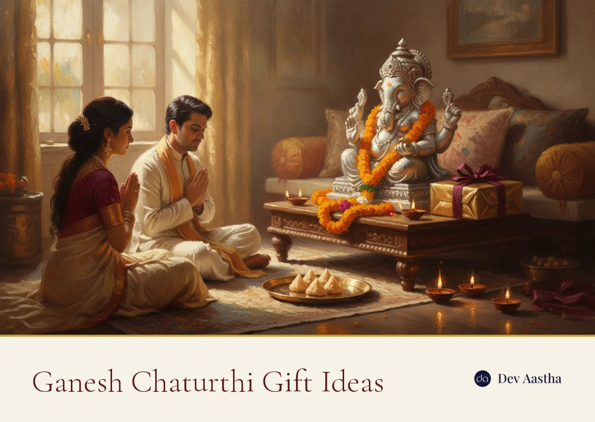 Ganesh Chaturthi gift ideas - a silver-plated Ganesha idol, a wrapped gift, modak and diyas