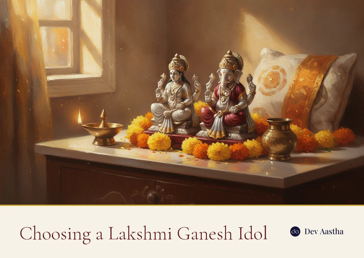 A pair of silver-plated Lakshmi and Ganesh idols on a wooden home mandir with a diya and marigolds, choosing a Lakshmi Ganesh idol