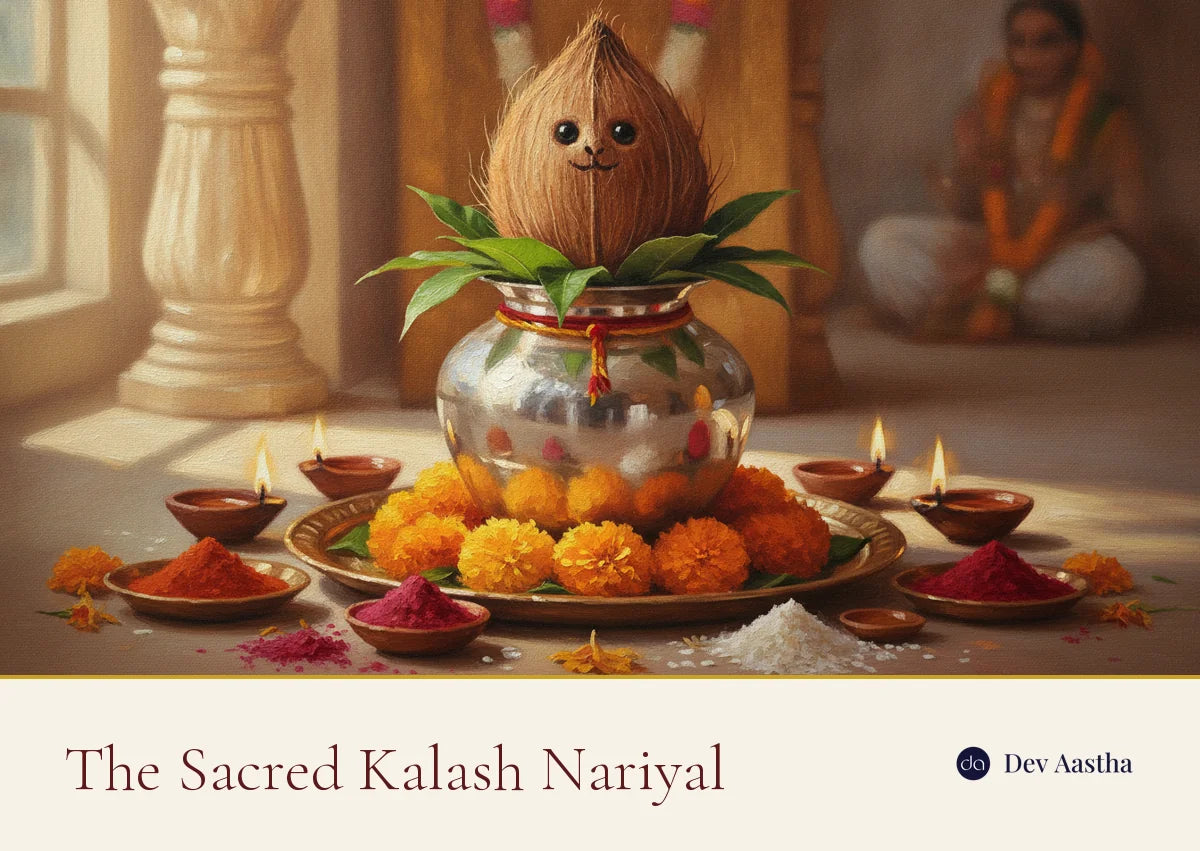 The sacred kalash nariyal on a traditional puja altar with mango leaves, coconut and diyas