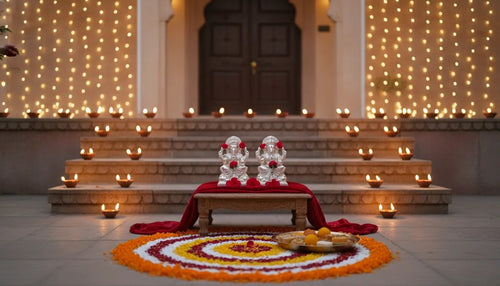 Diwali night courtyard with rows of lit diyas on the steps, a marigold rangoli and a silver-plated Lakshmi Ganesha idol pair on a red cloth over a wooden chowki