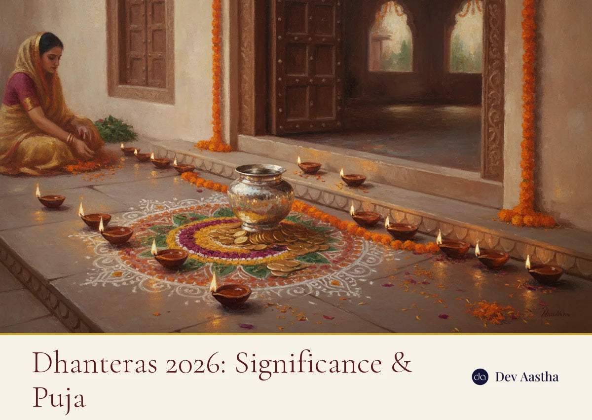 Dhanteras 2026 significance and puja, a silver Kuber Kalash with coins among lit diyas