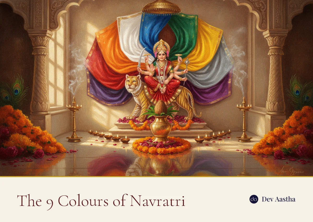 The nine colours of Navratri with Maa Durga, kalash and diyas at a home shrine