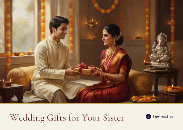 A brother in a cream kurta handing a wrapped gift box to his sister in bridal red at home, with marigold garlands, lit diyas and a silver-plated Ganesha idol beside them
