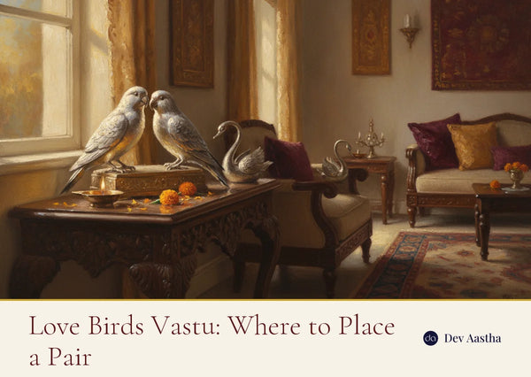 Silver-plated lovebirds pair and a swan pair on a carved wooden console in an Indian living room, with a lit diya and marigold flowers