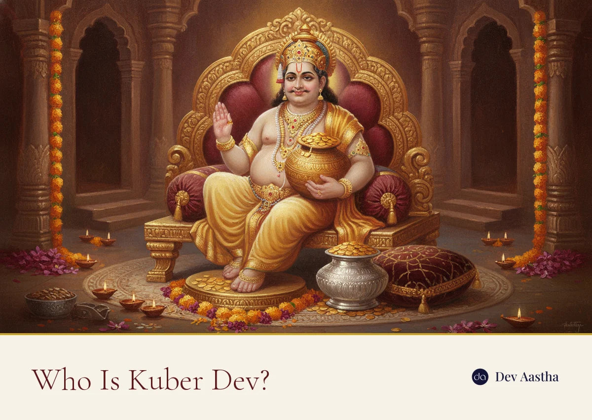 Lord Kuber, the Hindu god of wealth, seated on a golden throne holding a pot of gold coins with a silver kalash, diyas and marigolds