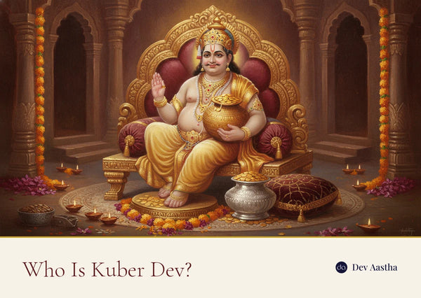Lord Kuber, the Hindu god of wealth, seated on a golden throne holding a pot of gold coins with a silver kalash, diyas and marigolds