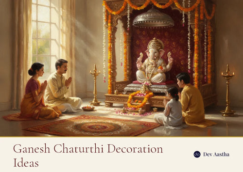 Decorated Ganesh Chaturthi mandap at home with silver-plated Ganesha idol, marigolds and diyas