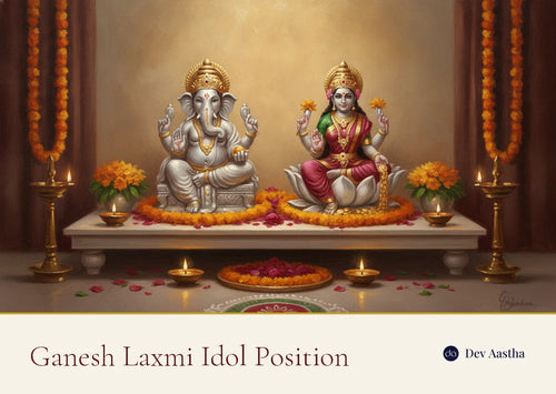 Silver-plated Lakshmi and Ganesha idols in the correct ganesh laxmi position on a home mandir shelf