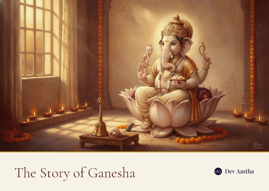 Oil painting of Ganesha seated on a lotus in a warm puja room at dusk, holding an ankusha, a noose and a bowl of modak with one palm raised in blessing, a mouse at his feet among lit diyas and marigold garlands