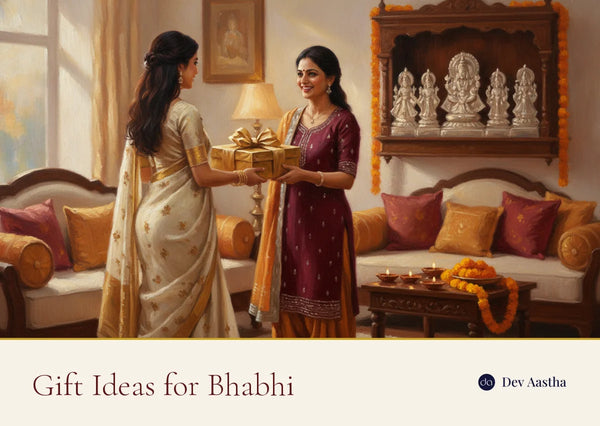 A nanad hands a wrapped gift to her bhabhi in a festively lit Indian living room with a silver-plated idol mandir behind them