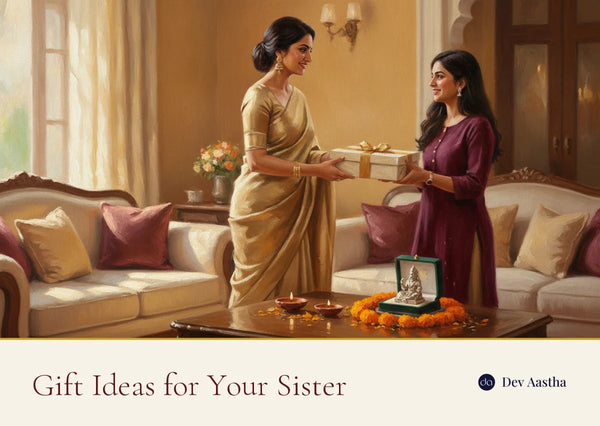 An Indian woman handing a wrapped gift box to her sister in a sunlit living room, with a silver-plated Lakshmi idol in an open velvet gift box, marigolds and lit diyas beside them