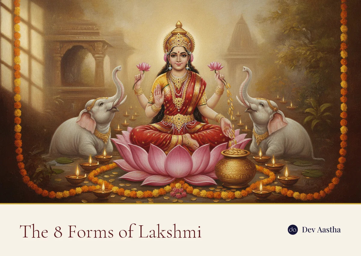 The 8 forms of Goddess Lakshmi, the Ashta Lakshmi, seated on a lotus