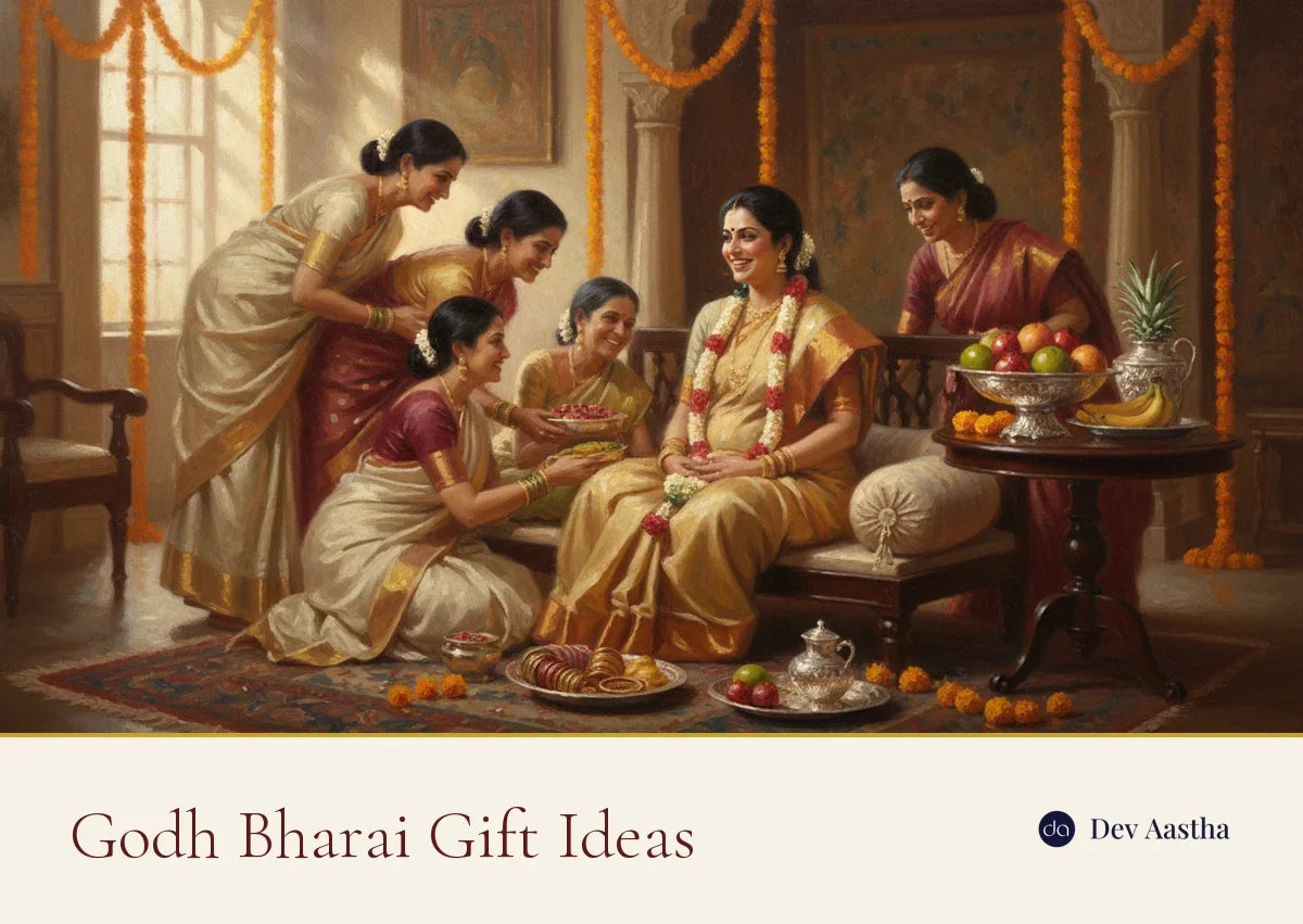 Godh bharai baby shower celebration with the mother-to-be receiving gifts and blessings from family