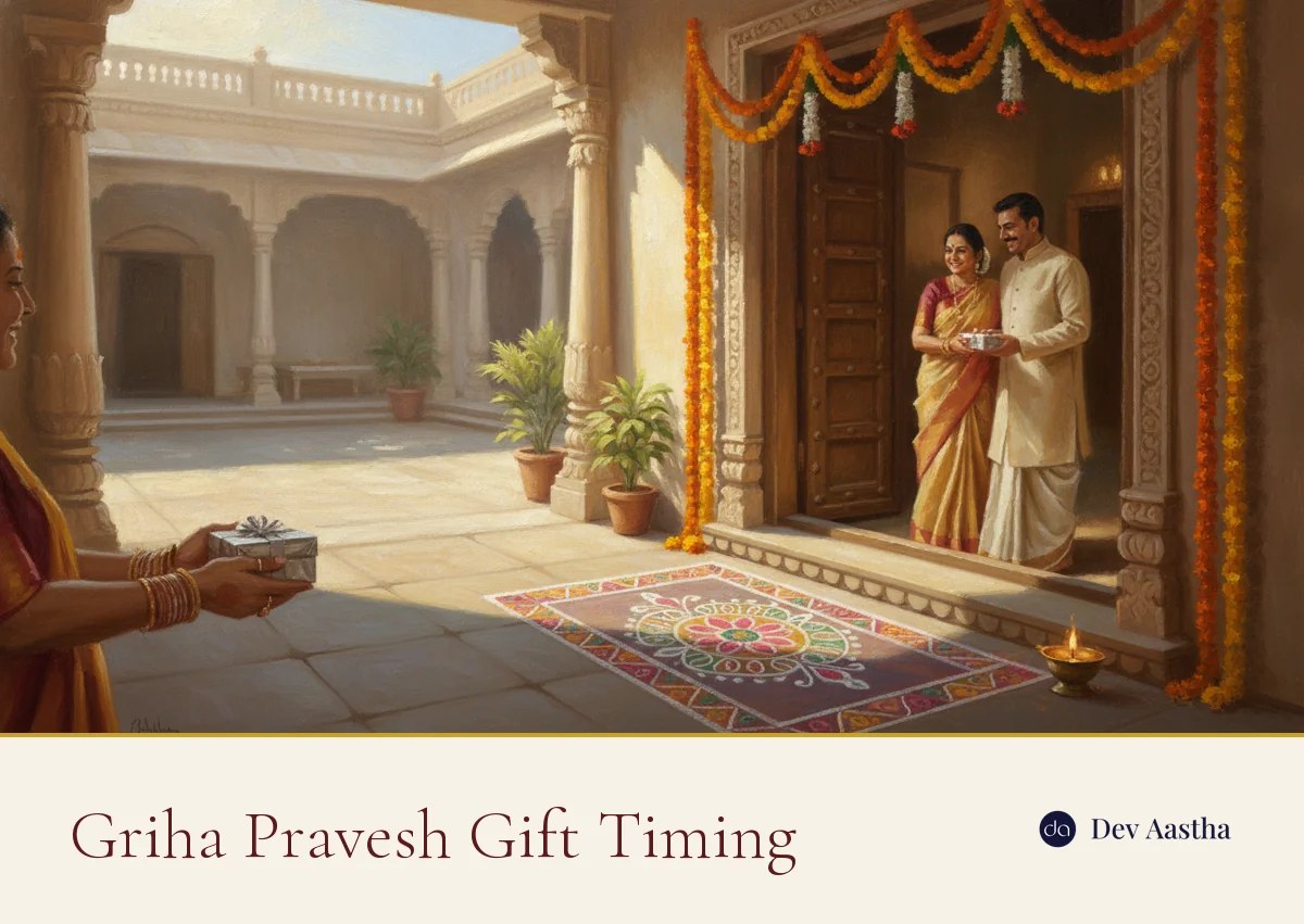 A guest offering a silver-wrapped griha pravesh gift at the decorated doorway of a new Indian home, with a marigold toran and a rangoli at the threshold